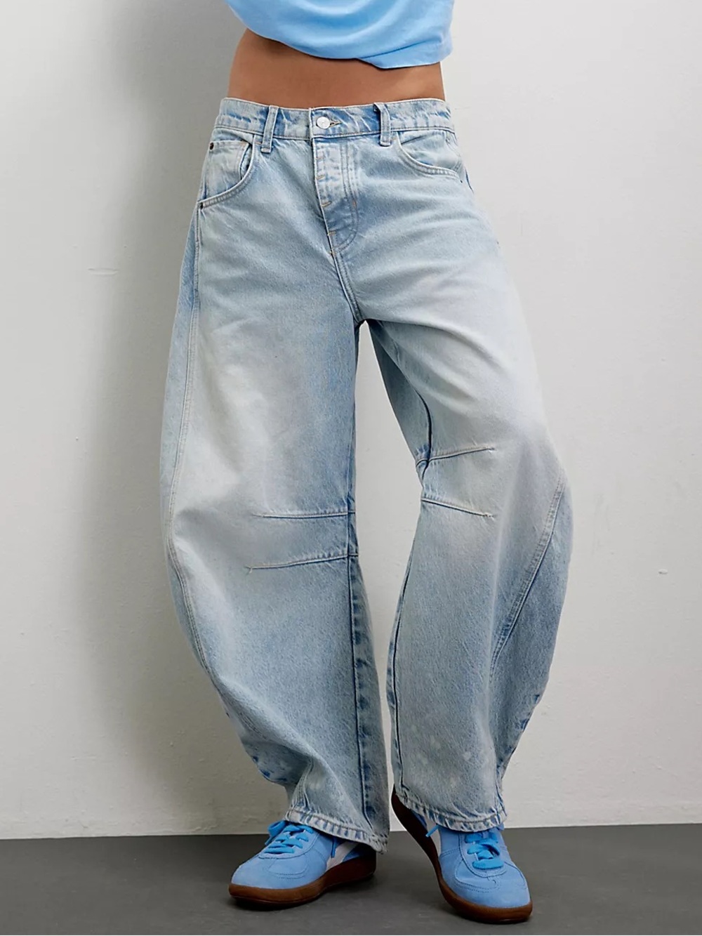 Free People We The Free Good Luck Mid-Rise Barrel Jeans- Aegean Light Wash Denim